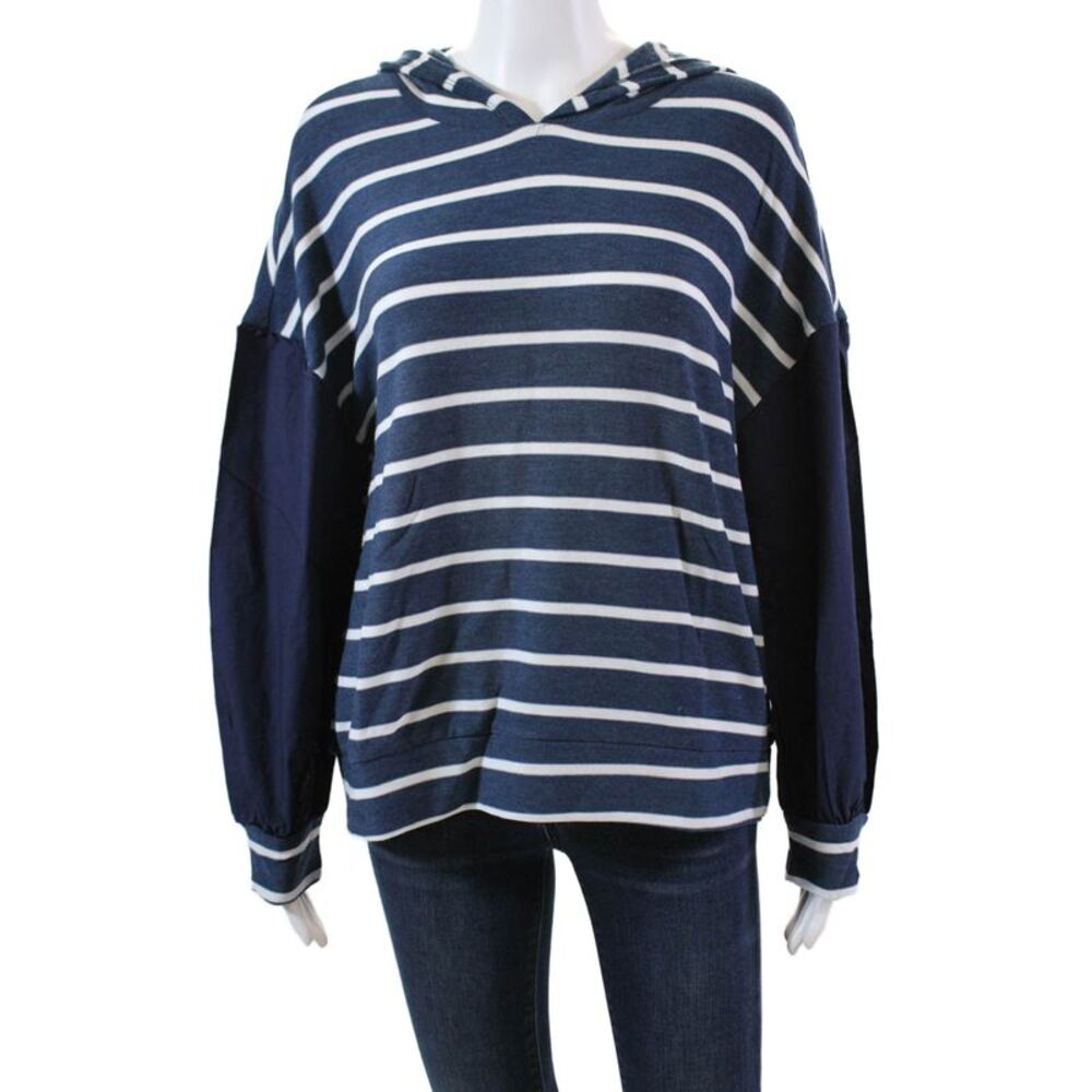 Chaser Womens Stretch Knit Striped Long Sleeve Pullover Hoodie Navy Size L